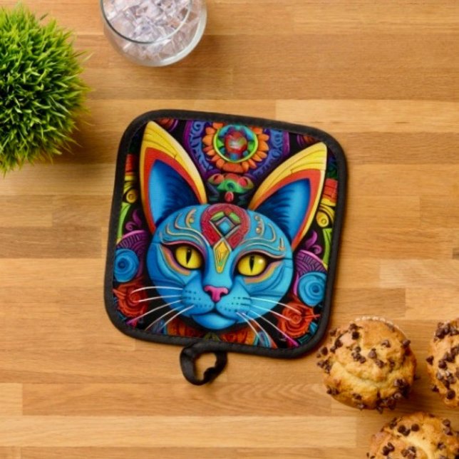 Manique Chat Abstrait Aux Yeux Jaunes (Pot Holder Full rubber protection cover no slip silicon hanging loop. )