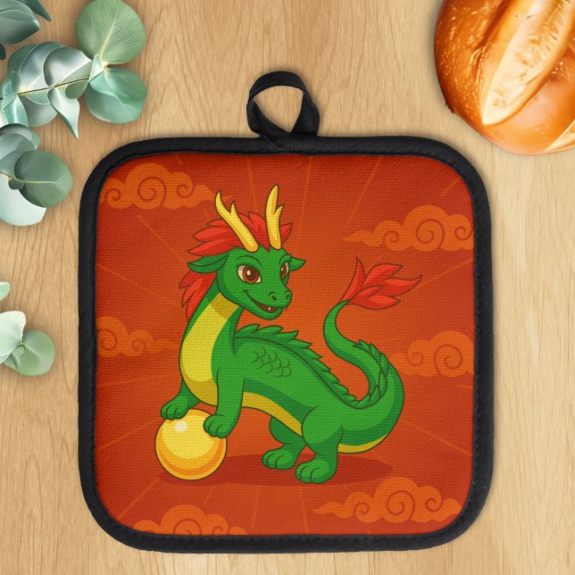 Manique Dragon Chinois Vert sur Fond Rouge (Créateur téléchargé)