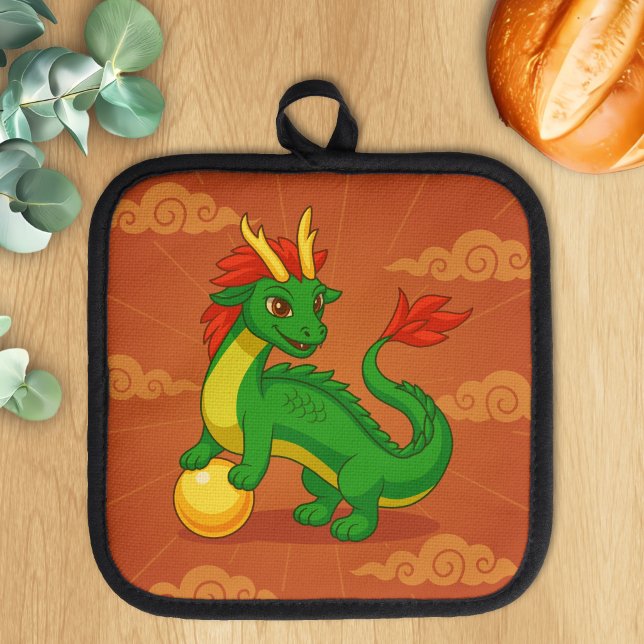 Manique Dragon Chinois Vert sur Fond Rouge (Créateur téléchargé)