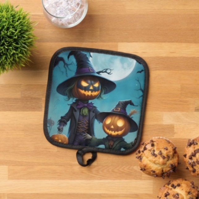Manique Duo de citrouilles Halloween effrayant (Pot Holder Full rubber protection cover no slip silicon hanging loop. 
)