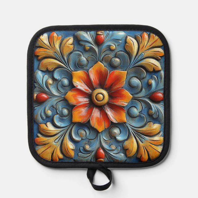 Manique Floral espagnol mexicain Orange et bleu (Recto)