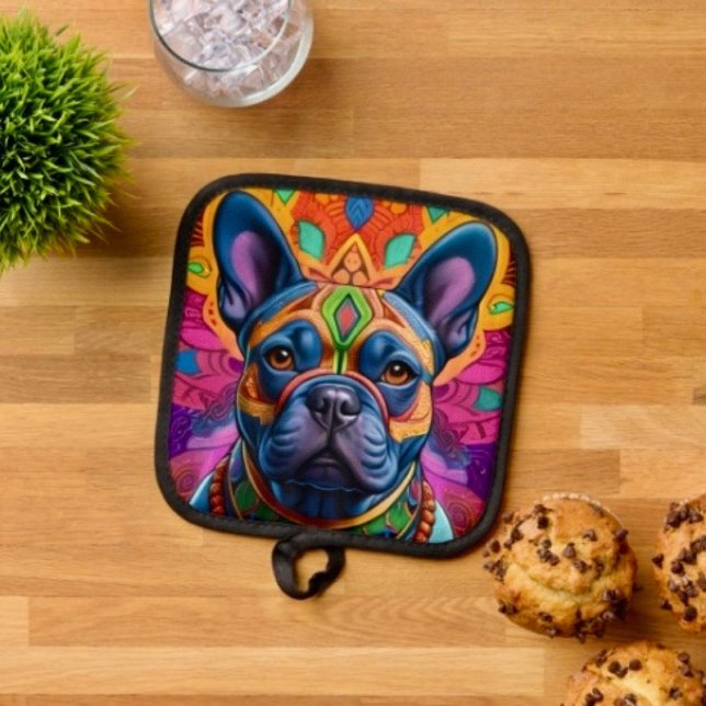 Manique Frenchie Fun Anniversaire Fantastique (Colourful Frenchie design pot holder Full rubber protection cover no slip silicon hanging loop. 
)