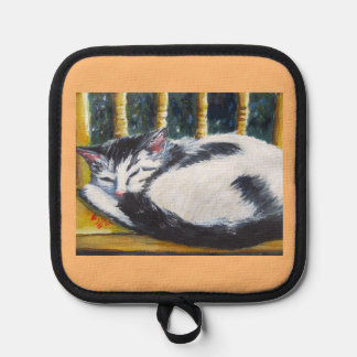 Manique kitty dormant sur la chaise Mitaines et porte-pots