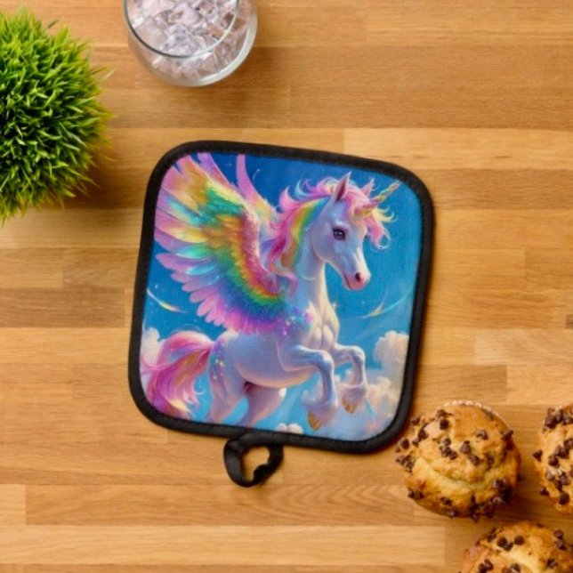 Manique Licorne Danseuse Ailé Arc-en-ciel (Pot Holder Full rubber protection cover no slip silicon hanging loop. 
)