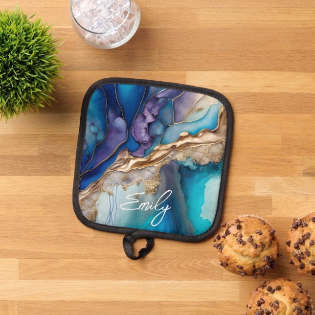 Manique Marbre bleu or moderne Nom personnalisé (De haut en bas)