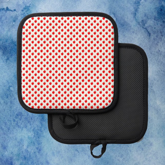 Manique Motif de fruits rouges pomme (A cute pot holder with a pattern of red apples with green leaves.)