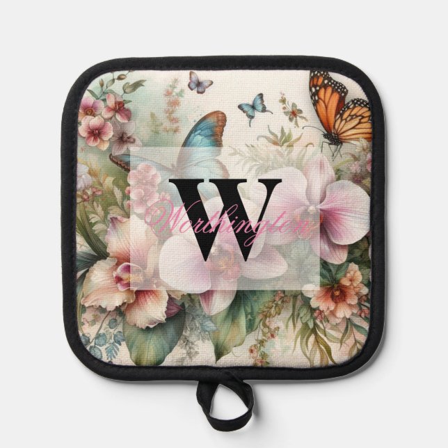 Manique Nom du monogramme Fleurs tropicales Aquarelle feui (Recto)