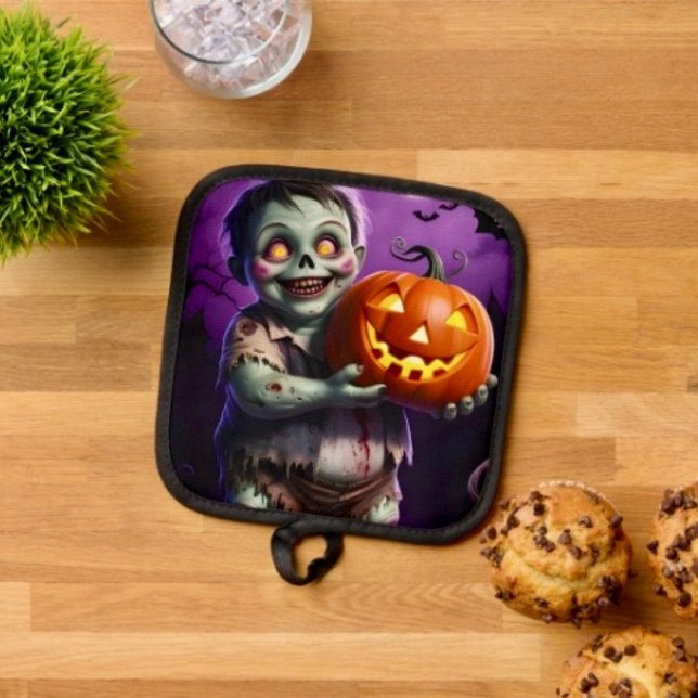 Manique Petit Monstre Vert & Copain Citrouille  (Pot Holder Full rubber protection cover no slip silicon hanging loop. )