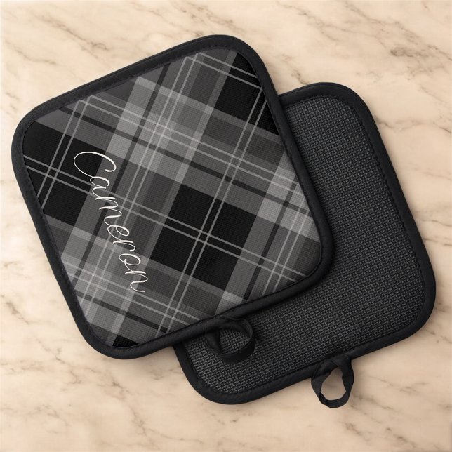 Manique Porte-pot avec nom carreaux noirs gris personnalis (MISOOK Black Grey Plaid Pot Holder with Name)