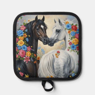 Manique Porte-pot encadré de chevaux dans des fleurs