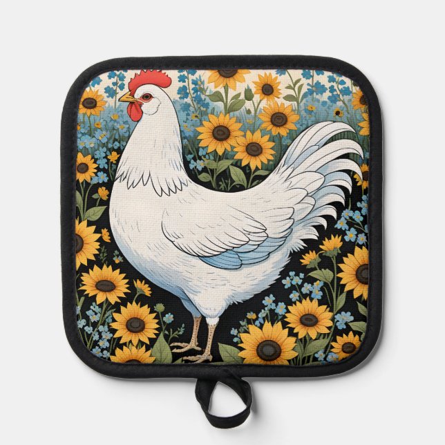 Manique Poule blanche et tournesols (Recto)