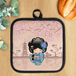 Manique Poupée Keiko Kokeshi - Blue Kimono Geisha Girl