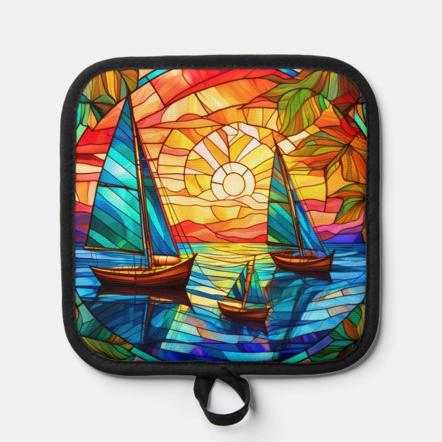 Manique voiliers et couchers de soleil vitrail (Recto)