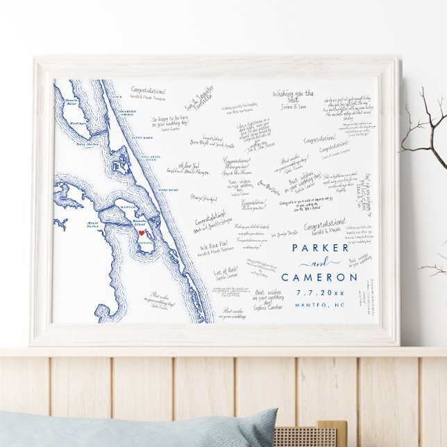 Manteo NC Plan de mariage Carte d'invité Poster Bl (Manteo NC map alternative wedding guest book poster with modern navy blue Outer Banks OBX map)