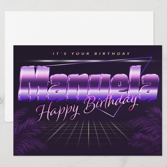 Manuela Nom Prénom lila retro Carte Anniversaire (Devant / Derrière)