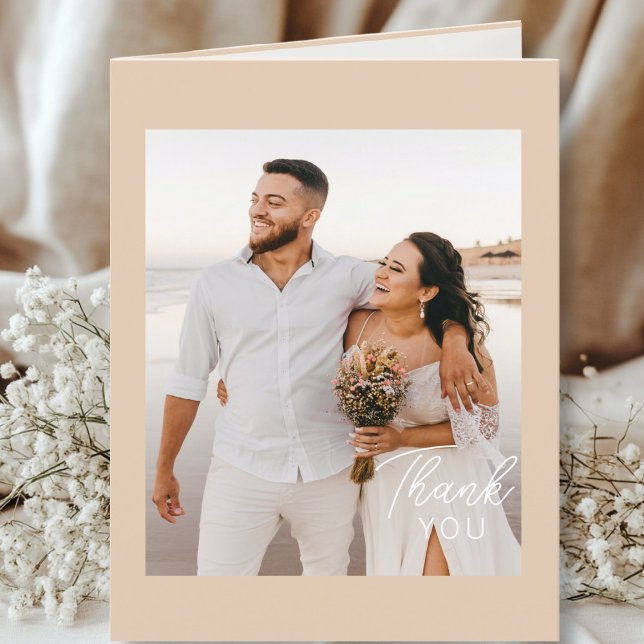 Manuscrit de mariage Merci 3 photos Sourneau clair (Modern, Minimal, Light-Brown, Wedding "Thank You" Card, 3 Photos.)
