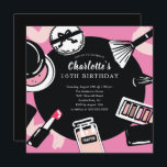Maquillage Anniversaire Fête Invitation<br><div class="desc">Une invitation à la fête d'anniversaire de maquillage coloré est offerte sur un arrière - plan rose vif avec un arrière - plan noir coordonné pour une touche spéciale.</div>