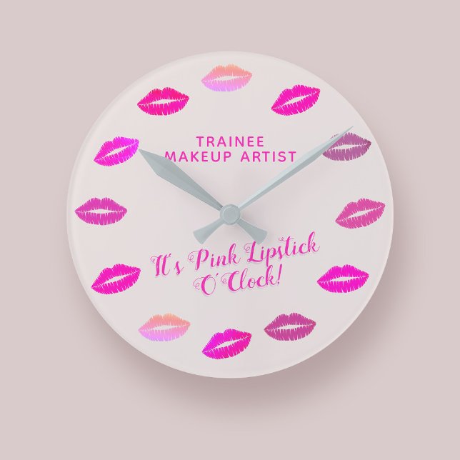 Maquillage Artiste MUA Rouge Lipstick Mur Horloge (It's always Pink Lipstick O'Clock!  Just add your Makeup Artist name or Business Name)
