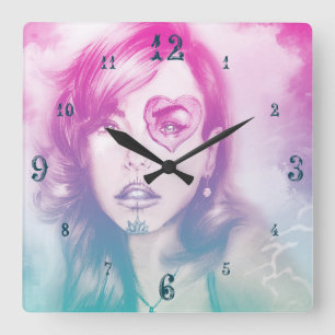 Maquillage crâne sucre fille, horloge Carré coloré