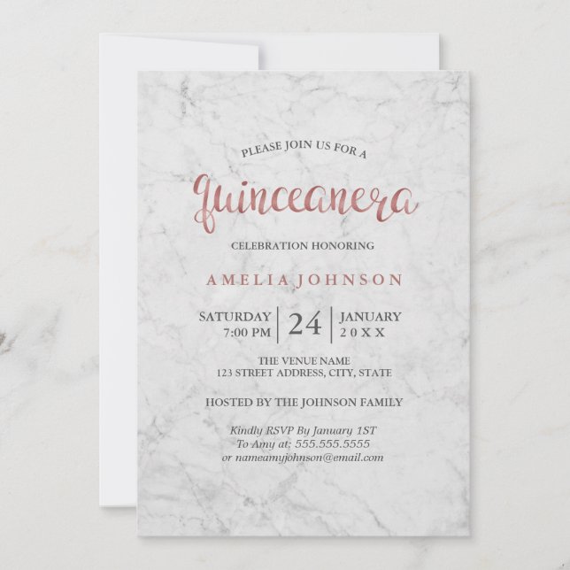 Marble Faux Rose Gold Quinceanera Invitation (Devant)