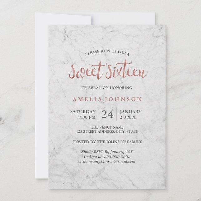 Marble Faux Rose Gold Sweet sixteen Invitation (Devant)