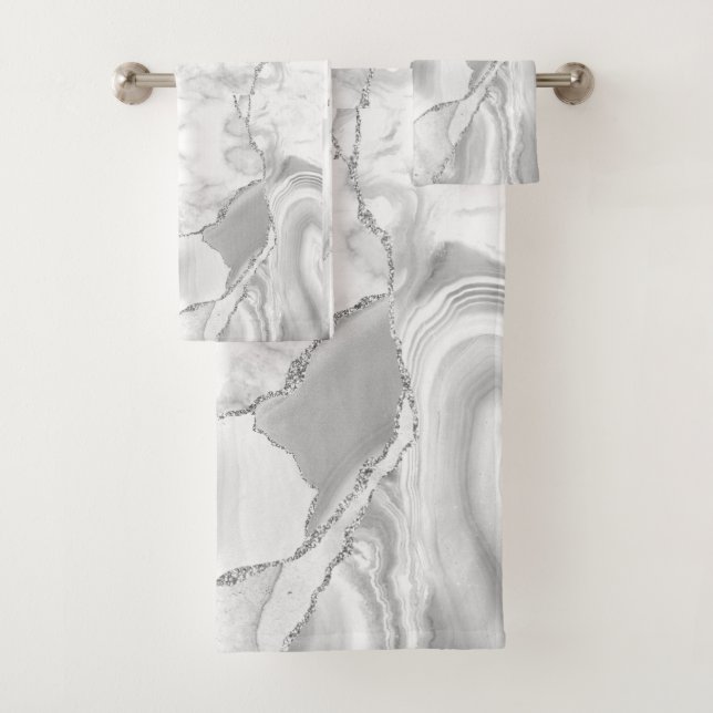 Marbre Abstrait en Agate Blanche Moderne Argenté (En situation)