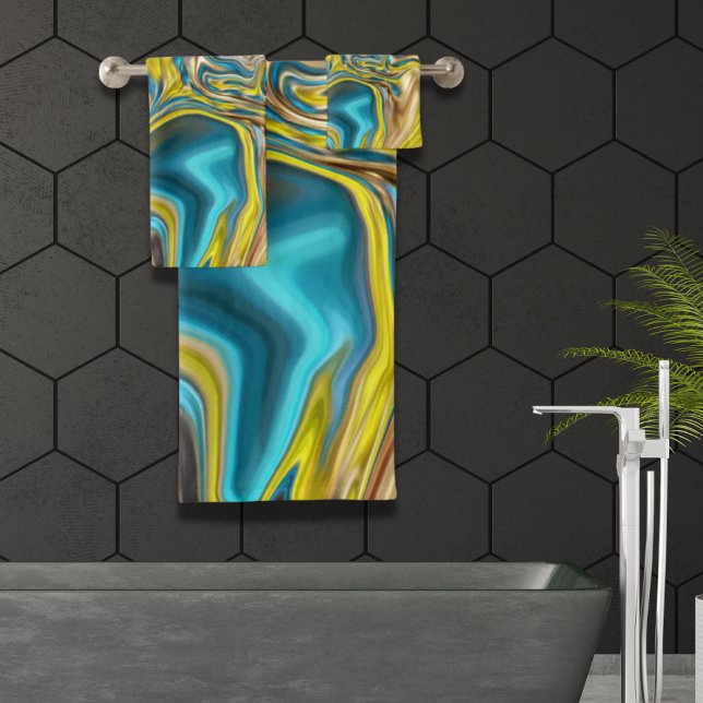marbre abstrait tourbillons jaune turquoise bleu t (abstract marble swirls yellow teal turquoise blue bath towel set)