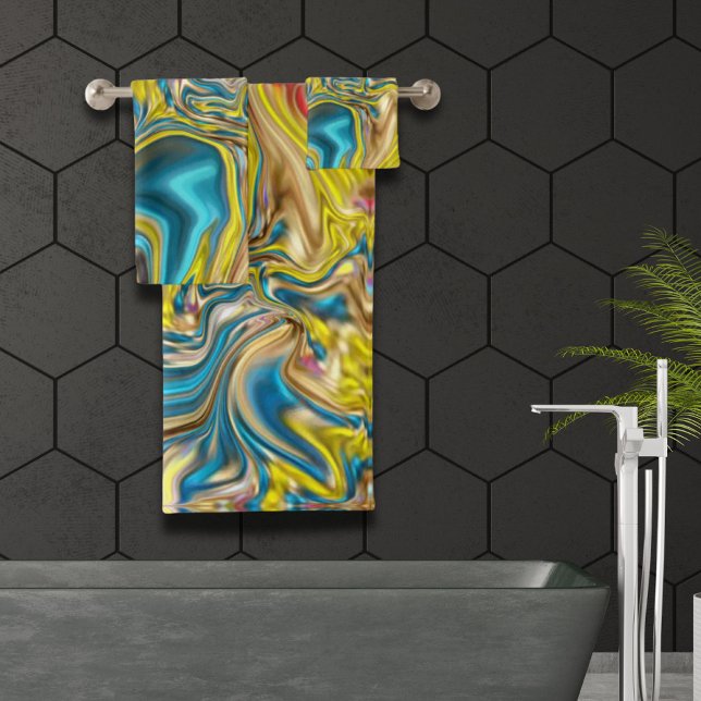 marbre abstrait tourbillons jaune turquoise bleu t (abstract marble swirls yellow teal turquoise blue bath towel set)