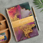 Marbre aquarelle or violet bleu vert script<br><div class="desc">Une bande brillante et fausse feuille d'or avec votre nom de typographie de script recouvre un riche, veiné or, bleu marine, chasseur vert, rose et violet arrière - plan d'aquarelle sur ce nom chic, élégant, tendance, personnalisé planificateur annuel. Personnalisez avec votre nom. Ce planificateur est disponible en 2 tailles :...</div>