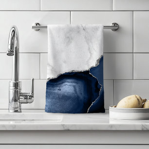 Marbre Blanc Agate Bleu Marine Paillettes Argentée
