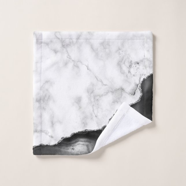Marbre Blanc Agate Noire Paillettes Argentées (Gant de toilette)