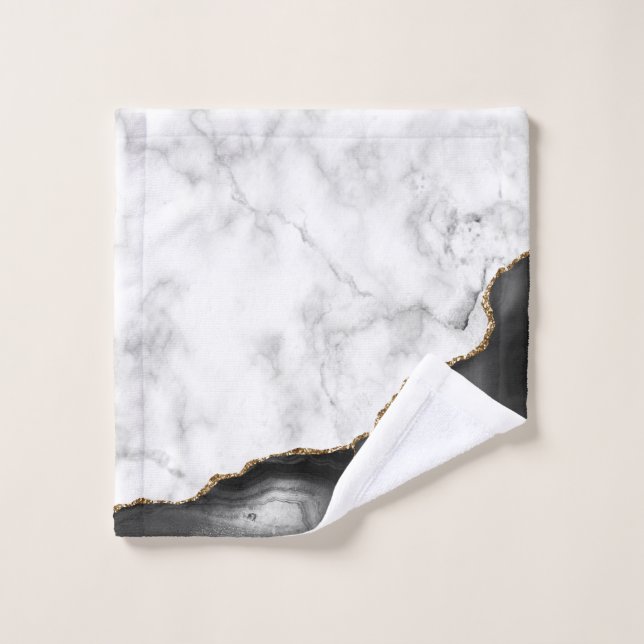 Marbre Blanc Agate Noire Paillettes Dorées (Gant de toilette)