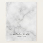 Marbre blanc de script moderne professionnel<br><div class="desc">Professional Modern Planner avec nom en gris style de police script moderne avec texte personnalisé en gris style de police sans serif moderne sur arrière - plan en marbre blanc.</div>