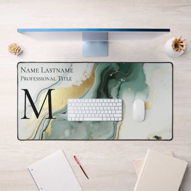 Marbre blanc d'or vert Monogramme sur mesure (Bureau 1)