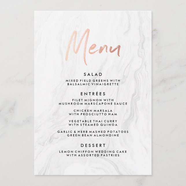 Marbre blanc moderne Rose Gold Script Mariage Menu (Devant)