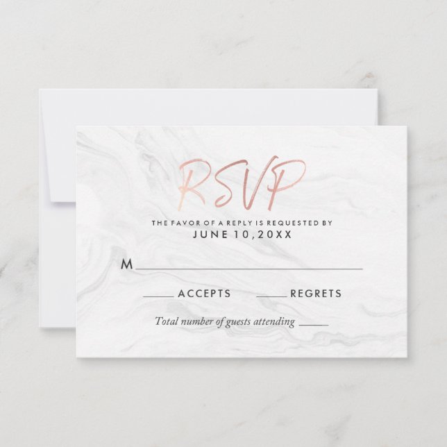 Marbre blanc moderne Rose Gold Script Wedding RSVP (Devant)