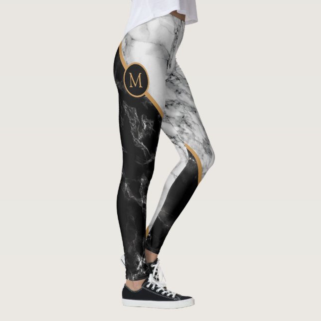 Marbre blanc noir Leggings Votre lettre (Droite)