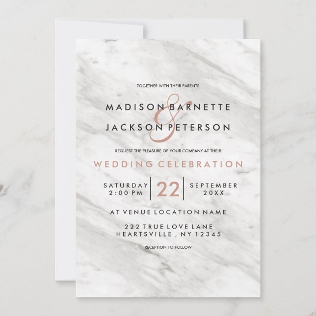 Marbre blanc Rose Gold Modern Wedding Invitations (Devant)