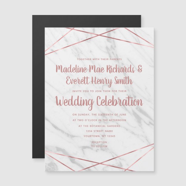 Marbre blanc Rose or Faire-part de mariage magnéti (Devant / Derrière)