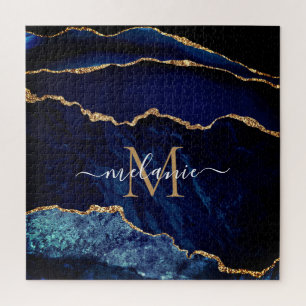 Marbre bleu marine Marbre or Monogramme Nom Puzzle