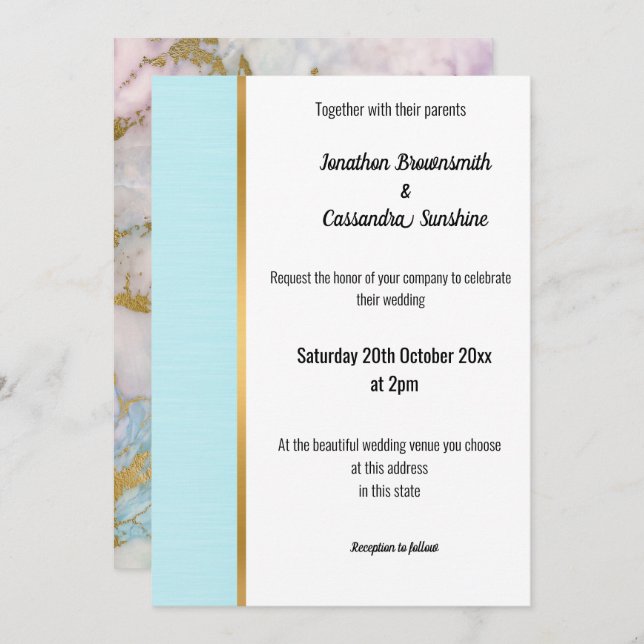 MARBRE CLASSIQUE PASTEL BLEU OR TRIM INVITATION (Devant / Derrière)