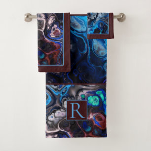 Marbre de teinture bleu, noir et bordeaux, monogra