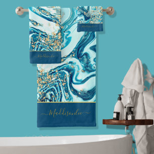 Marbre d'or bleu moderne Océan Monogramme Nom Bain