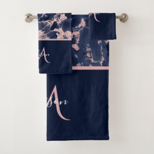 Marbre Monogramme Luxe Élégant Or Rose et Navy
