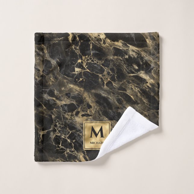 Marbre noir et or Monogramme Élégant Luxe (Gant de toilette)