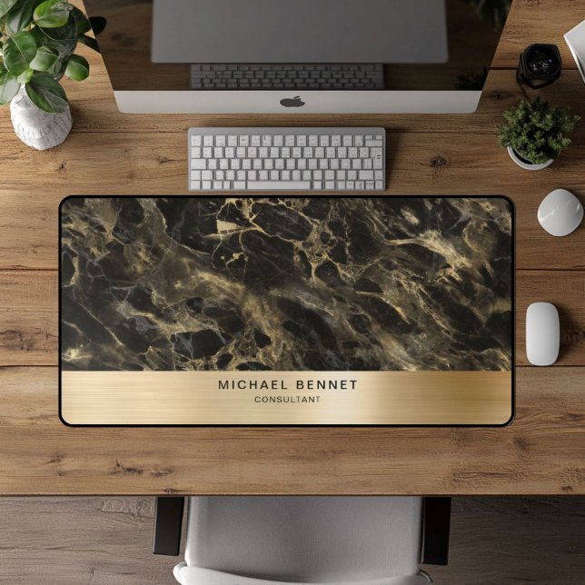 Marbre Noir Faux Métal Doré Entreprise (Black Marble Faux Gold Metallic Business Desk Mat)