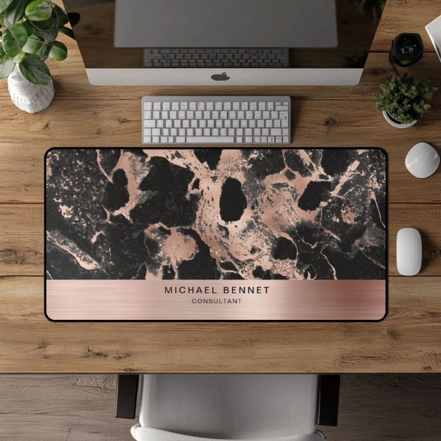 Marbre Noir Faux Or Rose Métallisé Entreprise (Black Marble Faux Rose Gold Metallic Business Desk Mat)