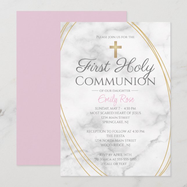 Marbre Premier Invitations De Communion Pour Fille (Devant / Derrière)