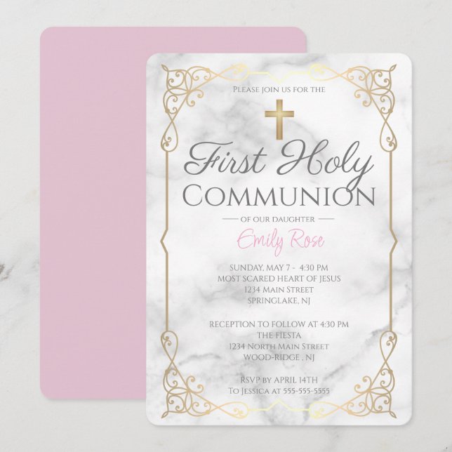 Marbre Première Sainte Communion Invitations Pour  (Devant / Derrière)