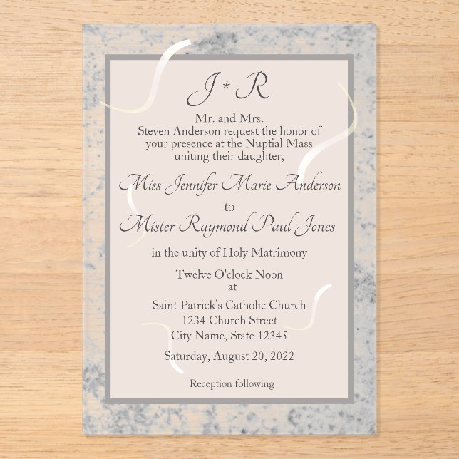 Marbre rose et gris Faire-part de mariage monogram (Recto)